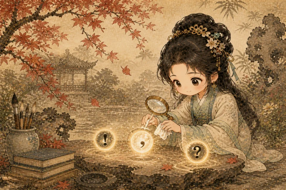 Q 版學子在秋園中尋找並擦亮三顆標點珠